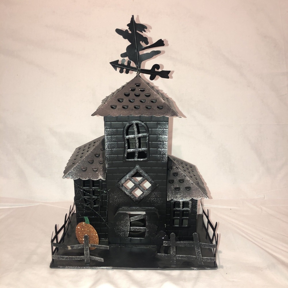 Sur La Table Halloween Illuminated Black Metal Haunted House Candle Tealight 16"